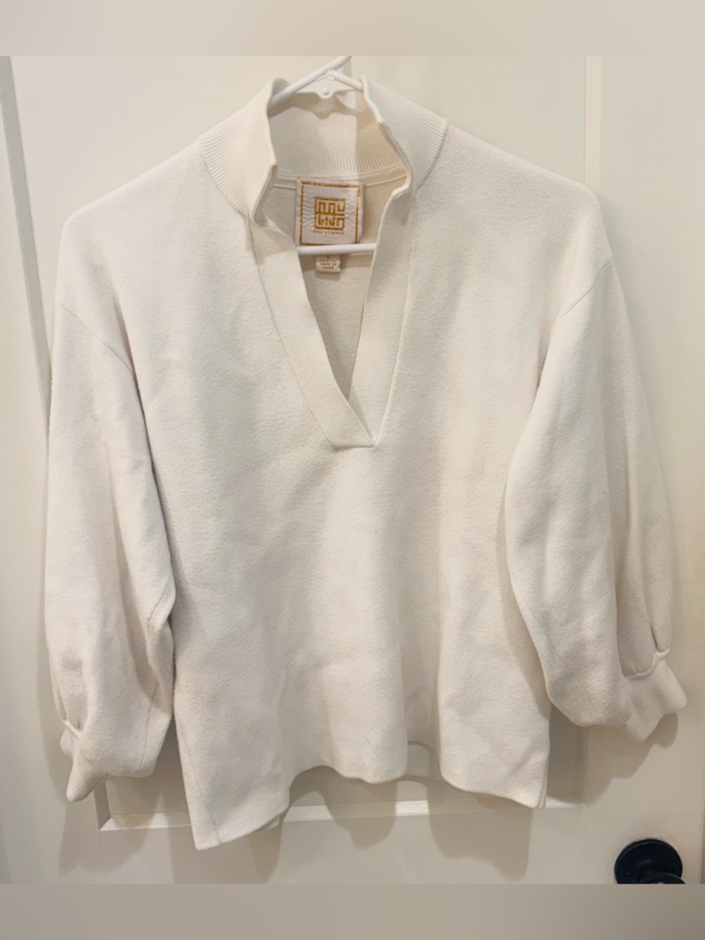 Emily McCarthy V-Neck Pullover Puff Sleeve Sweater with Stand Collar. Size Small